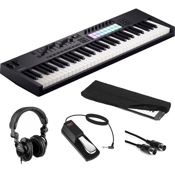 Novation Launchkey 61 MK4 USB MIDI Keyboard Controller (61 Keys) Bundle with HPC-A30 Studio Monitor Headphones, Universal Piano-Style Sustain Pedal, Keyboard Dust Cover and Midi cable 10' Black