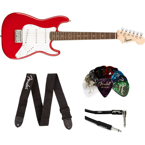 Squier Mini Stratocaster Electric Guitar, Laurel Fingerboard (Dakota Red) Bundle with Fender Logo Guitar Strap, Instrument Cable 10' and Celluloid Guitar Picks 351 Shape