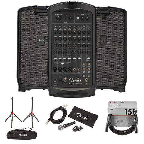 Fender Passport Venue Series 2 Portable Powered PA System Bundle with Fender Compact Speaker Stands, with Bag, P-52S Microphone Kit and Professional Series Cable 15'