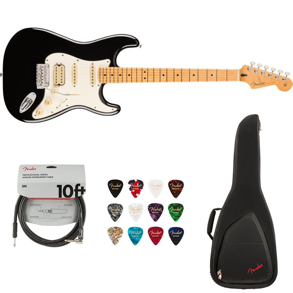 Fender Player II Stratocaster HSS, Maple Fingerboard, Black Bundle with Fender FE620 Electric Guitar Gig Bag (Black), Fender 12-Pack Picks and Fender 10ft Instrument Cable