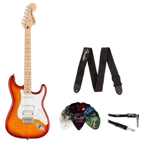 Squier Affinity Series Stratocaster FMT Electric Guitar, Sienna Sunburst, Maple Fingerboard Bundle with Fender 2" Guitar Strap, 12-Pack Guitar Picks, and 10ft Pro Instrument Cable (Straight/Angle)