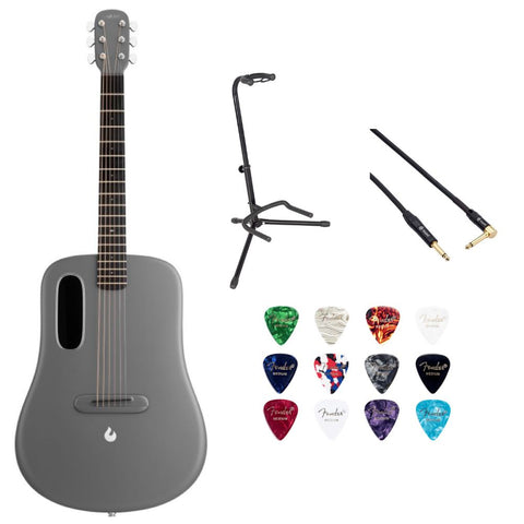 LAVA ME 4 Carbon 38" with Airflow Bag Space Grey w/ Rok-It Tripod Guitar Stand, Kopul PREM Performance Series Right Angle Cable and Celluloid Guitar Picks Shape Medium 12-Pack Bundle