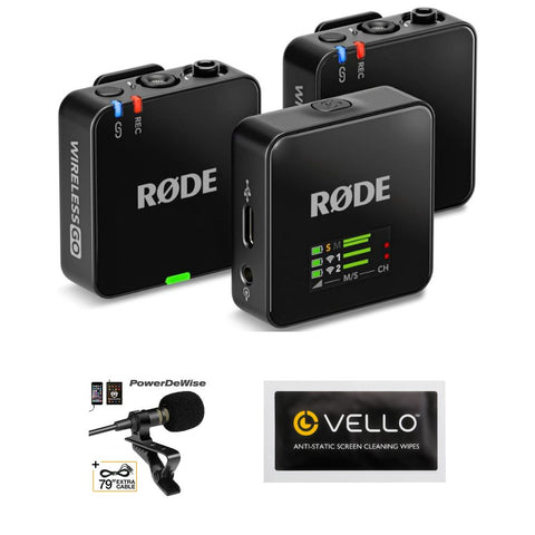 RODE Wireless GO (Gen 3) 2-Person Compact Digital Wireless Microphone Recorder Black Bundle with Professional Grade Lavalier Lapel Microphone (2 Pack), Anti-Static Screen Cleaning Wipes (5-Pack)