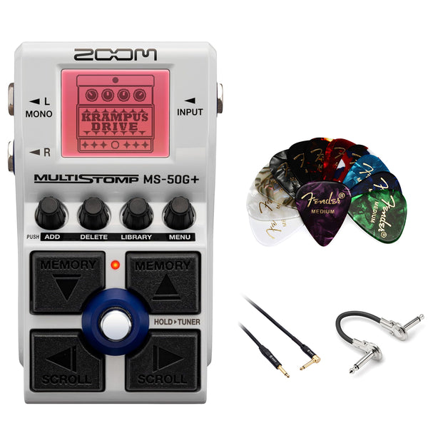 Zoom MS-50G+ MultiStomp Multi-FX Guitar Effects Pedal Bundle with Fender 12-Pack Classic Guitar Picks, 10' Instrument Cable and 6' Right Angle Coupler Cable