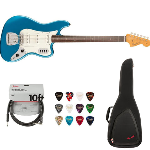 Fender Vintera II '60s Bass VI - Lake Placid Blue Bundle with Fender FE620 Electric Guitar Gig Bag (Black), Fender 12-Pack Picks and Fender 10ft Instrument Cable