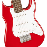 Squier Mini Stratocaster Electric Guitar, Laurel Fingerboard (Dakota Red) Bundle with Fender Logo Guitar Strap, Instrument Cable 10' and Celluloid Guitar Picks 351 Shape