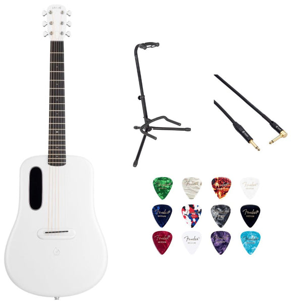 LAVA ME 4 Carbon 36 with Airflow Bag White Bundle with Rok-It Tripod Guitar Stand, Kopul PREM Performance Series Right Angle Cable and Celluloid Guitar Picks Shape Medium 12-Pack