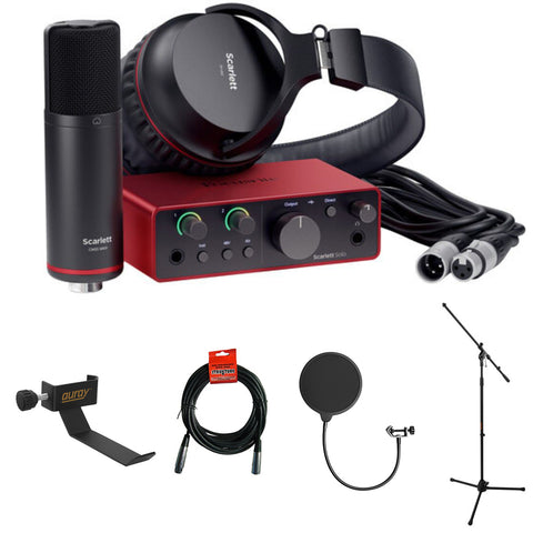 Focusrite Scarlett Solo Studio USB-C Audio Interface with Microphone and Headphones (4th Generation) Bundle with Clamp On Headphone Holder, Tripod Mic Stand + Boom, Kellopy Pop Filter & XLR Cable