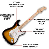 Squier Sonic Series Stratocaster Pack - 2-color Sunburst Bundle with Fender Guitar Stand, Height-Adjustable with Sturdy Metal