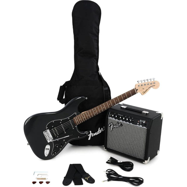 Squier by Fender Electric Guitar Kit, Affinity Series Stratocaster, with 2-Year Warranty, Charcoal Frost Metallic, with Padded Guitar Bag, Frontman 15G Guitar Amp, Guitar Strap, and More