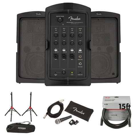 Fender Passport Conference Series 2 Portable 175W Powered PA System Bundle with Fender Compact Speaker Stands, with Bag, P-52S Microphone Kit and Professional Series Cable 15'