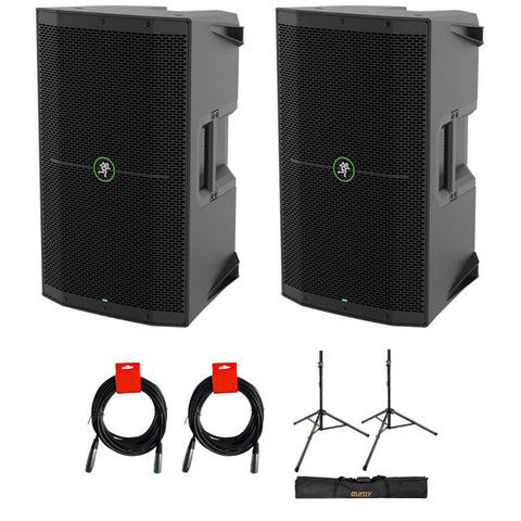 Mackie Thump210XT 1,400-watt 10-inch Powered Speaker (2 Pack) Bundle with XLR- XLR Cable (2 Pack), Auray SS-47S-PB Deluxe Height-Adjustable Steel Speaker Stands with Tripod Base and Carrying Case