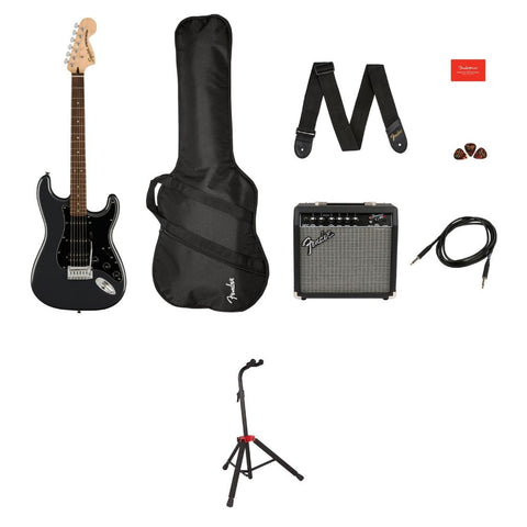 Squier by Fender Electric Guitar Kit Affinity Series Stratocaster Charcoal Frost Metallic Bundle with Fender Guitar Stand, Height-Adjustable with Sturdy Metal