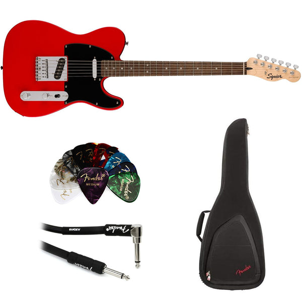 Squier Sonic Stratocaster HT Electric Guitar, Torino Red, Laurel Fingerboard, White Pickguard Bundle with FE620 Electric Guitar Gig Bag, 351 Classic Guitar Picks, and Straight/Angle Cable