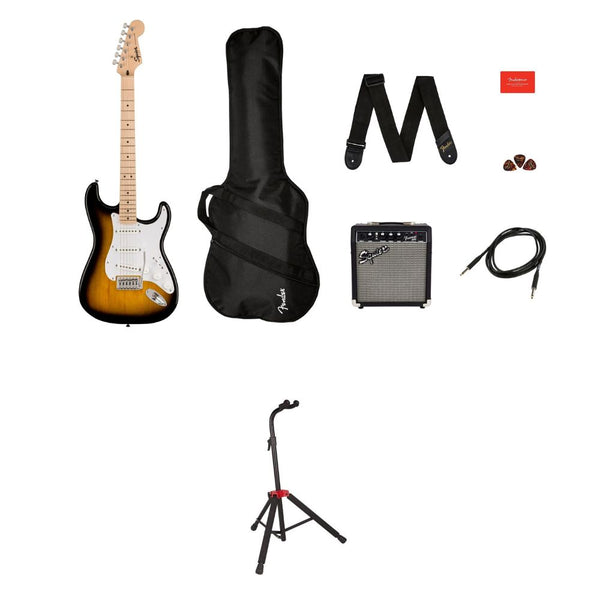 Squier Sonic Series Stratocaster Pack - 2-color Sunburst Bundle with Fender Guitar Stand, Height-Adjustable with Sturdy Metal