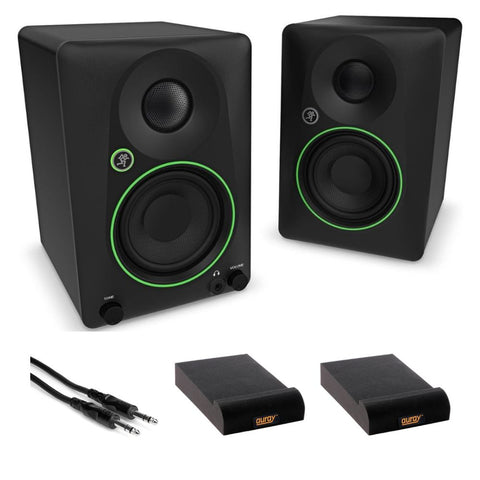 Mackie CR3.5BT Creative Reference Powered 3.5" Studio Monitors Black Bundle with Hosa Stereo 1/4" Male Phone to 1/4" Male Phone TRS Cable 10, Auray IP-S Isolation Pad for Studio Monitor (2-Pack)
