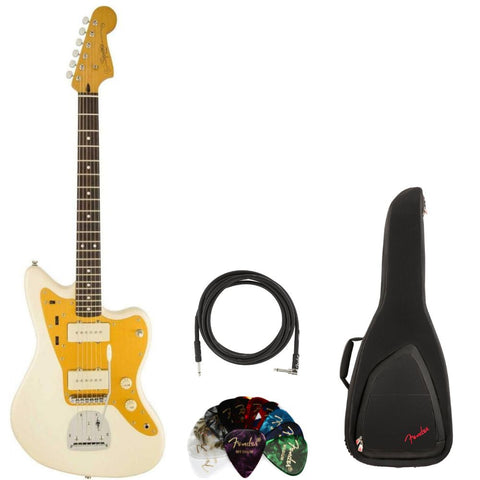 Squier J Mascis Jazzmaster Electric Guitar Vintage White Laurel Bundle with Fender Electric Guitar Gig Bag Black, Fender Classic Guitar Picks Shape 12-Pack, Fender Series Instrument Cable Black