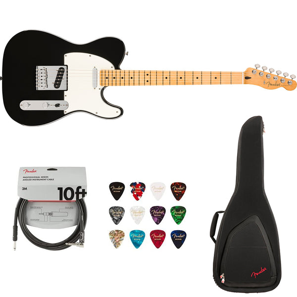 Fender Player II Telecaster Electric Guitar - Black with Maple Fingerboard Bundle with Fender FE620 Electric Guitar Gig Bag (Black), Fender 12-Pack Picks and Fender 10ft Instrument Cable