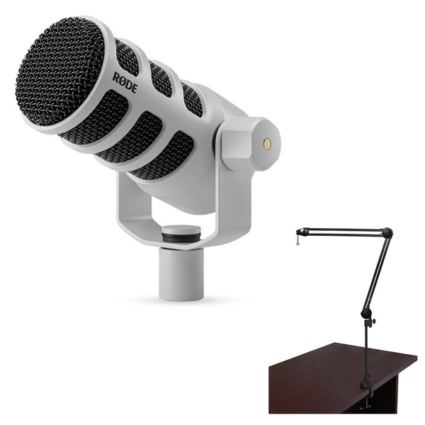 RODE PodMic USB and XLR Dynamic Broadcast Microphone (White) Bundle with Auray BAI-2N Two-Section Broadcast Arm with Internal Springs