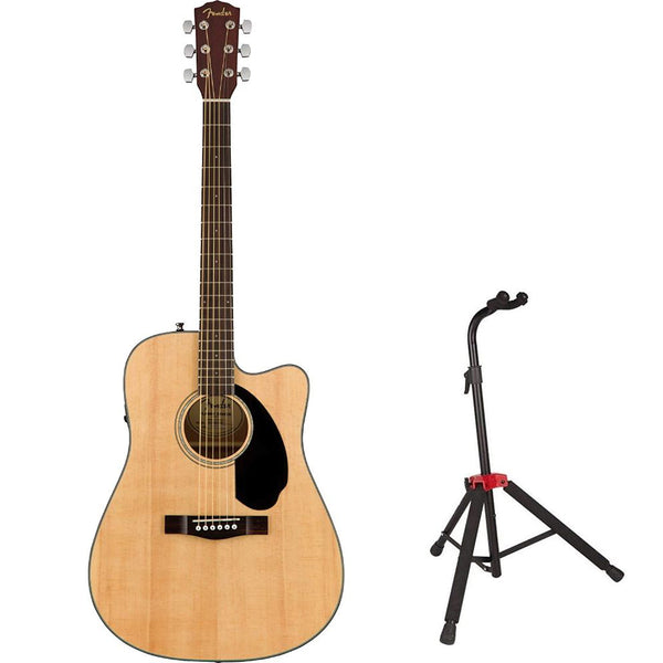 Fender CD-60SCE Dreadnought Acoustic Guitar - Natural Bundle with Fender Guitar Stand, Height-Adjustable with Sturdy Metal