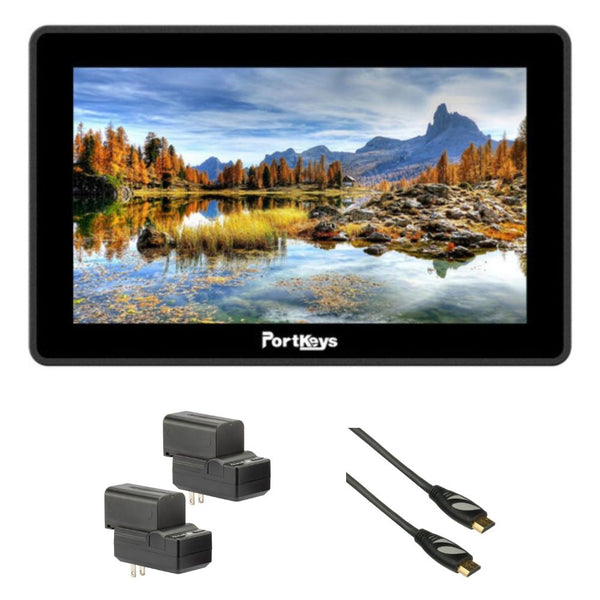 PORTKEYS LH5P II 5.5" Touchscreen Monitor with Camera Control Bundle with Genaray 2 x NP-F770 4400mAh Batteries & 2x Compact Chargers Kit, Pearstone High-Speed HDMI to HDMI Cable with Ethernet Black