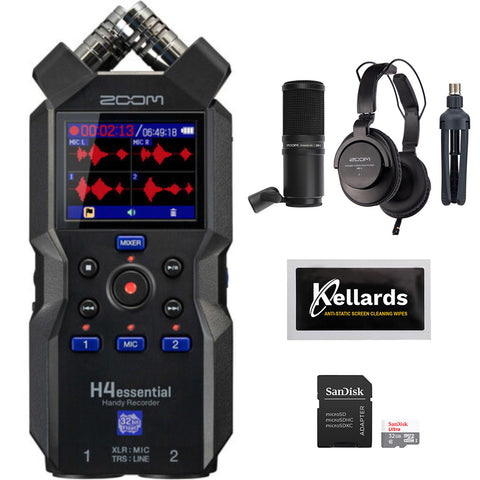 Zoom H4essential 4-Track 32-Bit Float Portable Audio Recorder Bundle with Zoom ZDM-1 Podcast Mic Pack, 16GB microSDHC Memory Card, and Kellards Cleaning Pack