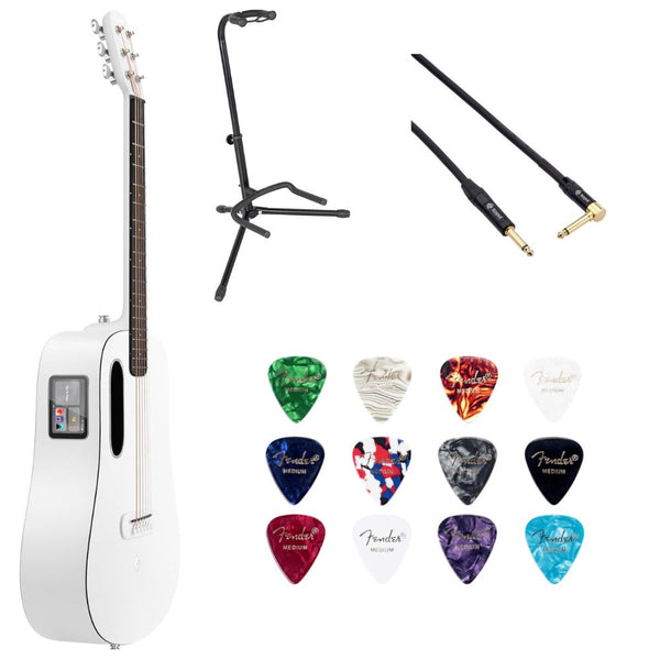 LAVA ME PLAY Smart Guitars,HILAVA 2.0 36' Sail White Bundle with Classic Celluloid Guitar Pick 351 Shape Medley 12-Pack, Rok-It Tripod Guitar Stand, Kopul Premium 3000 Male Instrument Cable