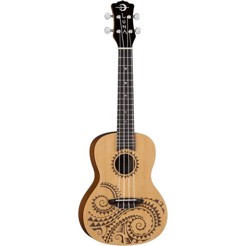 Luna Tattoo Spruce Concert Ukulele with Gig Bag, Satin Natural