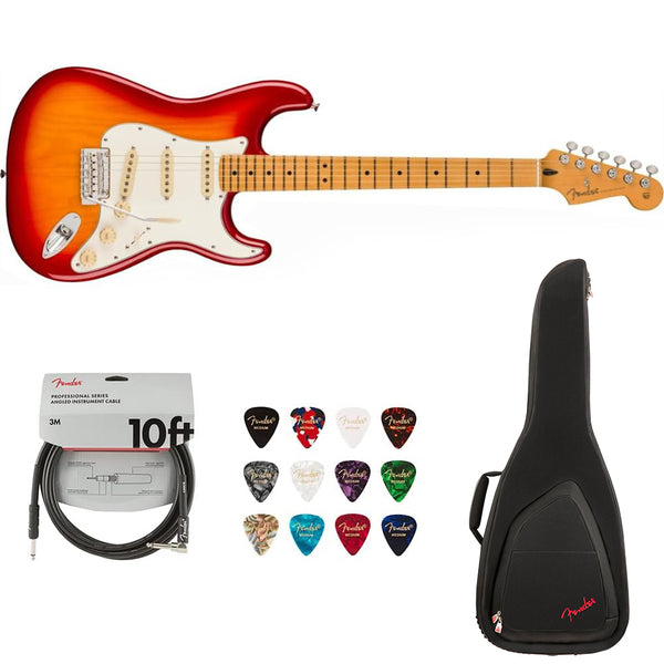 Fender Player II Stratocaster, Maple Fingerboard, Aged Cherry Burst Bundle with Fender FE620 Electric Guitar Gig Bag (Black), Fender 12-Pack Picks and Fender 10ft Instrument Cable