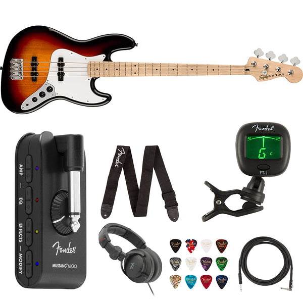 Squier by Fender Affinity Series Jazz Bass, Maple fingerboard, (3-Color Sunburst) Bundle with Fender Mustang Micro Headphone Amp, Guitar Strap, 10ft Instrument Cable, FT-1 Clip-On Tuner, Picks, and Headphone