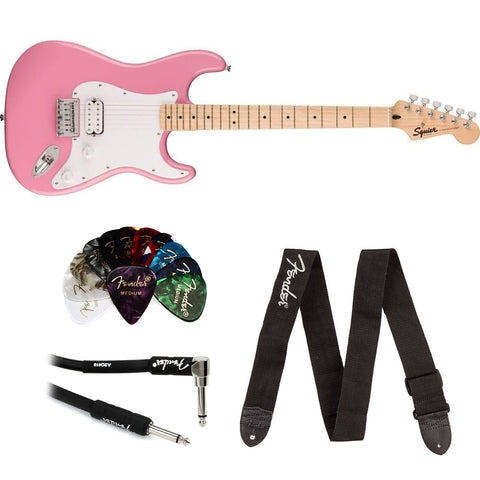 Squire Sonic Stratocaster HT H Electric Guitar, Flash Pink Bundle with Fender Logo Guitar Strap Black, Fender 12-Pack Celluloid Picks, and Straight/Angle Instrument Cable