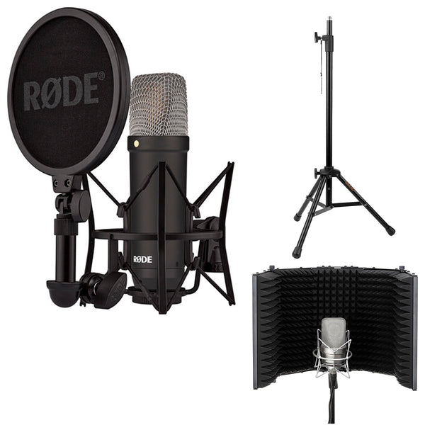 RODE NT1 Signature Series Large-Diaphragm Condenser Microphone (Black) Bundle with Auray Desk/mic Stand Reflection Filter and Auray Reflection Filter/tripod Micstand