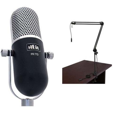 Heil Sound PR 77D Large-Diaphragm Dynamic Microphone (Black) with BAI-2X Two-Section Broadcast Arm with Internal Springs and Integrated XLR Cable