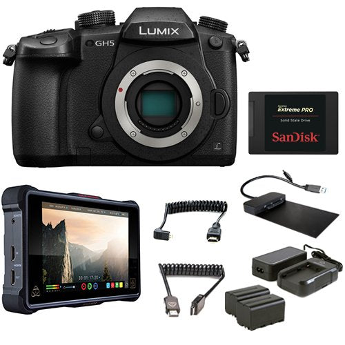 Panasonic Lumix DC-GH5 Mirrorless Digital Camera (Body Only) with Panasonic V-Log L Function, Atomos 7" 4K HDMI Recording Monitor, Power Kit, 480GB SSD, Coiled Cables and Docking Station