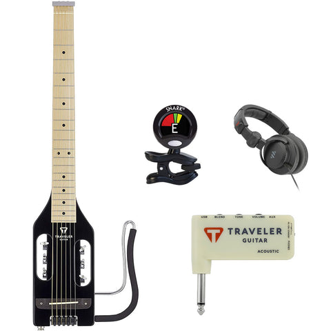 Traveler Guitar Ultra-Light Acoustic Acoustic-Electric Guitar, Black Gloss (ULAS BKGMP) Bundle with TGA-1A Acoustic Headphone Amp, Professional Studio Headphones, and Clip-On Guitar Tuner