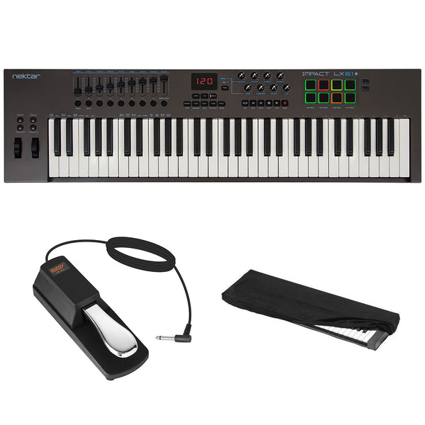 Nektar Technology Impact LX61+ 61-Key USB MIDI Controller Keyboard Bundle with Piano-Style Sustain Pedal, 10' and Medium Keyboard Dust Cover