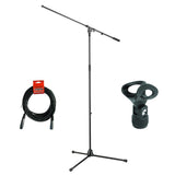 K&M 21021 Tripod Microphone Stand with Boom (Black), Elliptical Microphone Clip & 20' XLR Cable Bundle