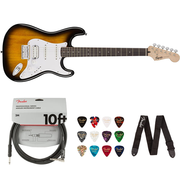 Squier by Fender Bullet Stratocaster Beginner HardTail Guitar (HSS, Brown Sunburst) with Fender Pro 10ft Instrument Cable (Straight/Straight), Fender Guitar 12-Pack Picks, and Fender 2" Guitar Straps