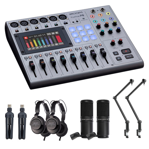 Zoom PodTrak P8 Portable Podcast Recorder Bundle with 2x Zoom ZDM-1 Podcast Mic Pack & 2x Boom Arm