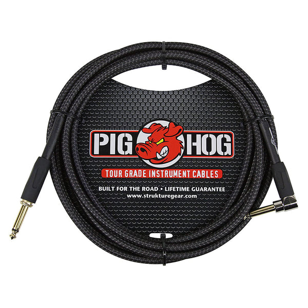 Pig Hog PC-H10BKR 1/4" Right-Angle to 1/4" Black Woven Guitar Instrument Cable, 10 Feet