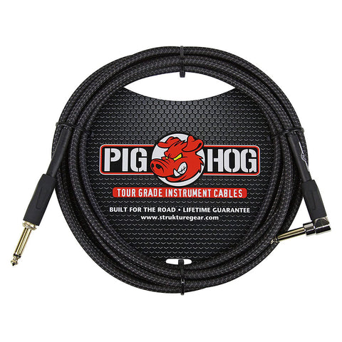 Pig Hog PC-H10BKR 1/4" Right-Angle to 1/4" Black Woven Guitar Instrument Cable, 10 Feet