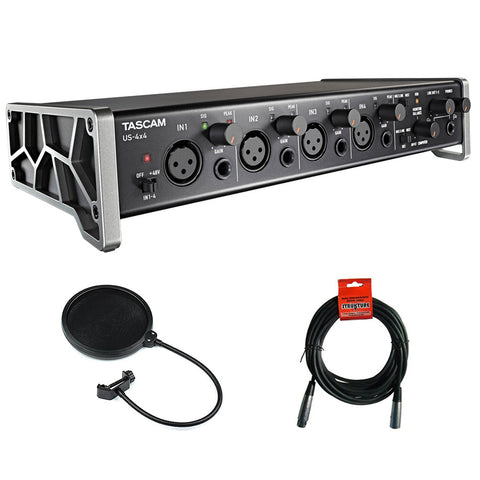 Tascam US-4x4 4-Channel USB Audio Interface with XLR-XLR Cable & Pop Filter Bundle