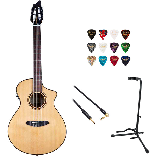 Breedlove ECO Pursuit Exotic S Concert CE Nylon String Acoustic-Electric Guitar (Red Cedar-Myrtlewood) Bundle with Kopul 10' Instrument Cable, Fender 12-Pack Picks, and Gator Guitar Stand