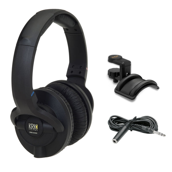 KRK KNS 6400 Closed-Back Around-Ear Stereo Headphones with Headphone Holder & Stereo 1/4" Extension Cable 10' Bundle