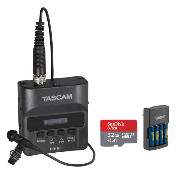 Tascam DR-10L Portable Digital Audio Recorder with Lav Microphone Bundle with 32GB MicroSDHC Memory Card and Rapid Charger with 4 AA Batteries