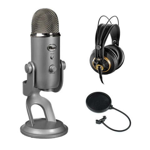 Blue Yeti USB Microphone (Silver) with AKG K 240 Studio Professional Stereo Headphones & Pop Filter Bundle