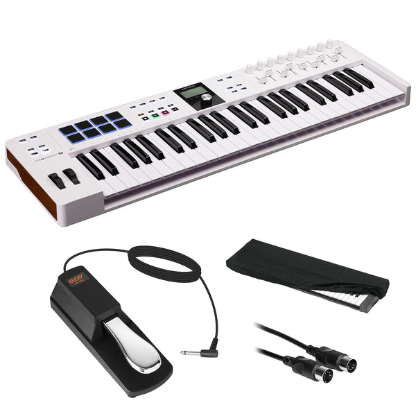 Arturia 231521 KeyLab Essential mk3 49-Key Universal MIDI Controller and Software (White) Bundle with Auray FP-P1L Sustain Pedal, Hosa MID-310 MIDI Cable, and Medium-Size 61-67 Keys Cover for Piano
