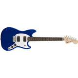 Squier by Fender Bullet Mustang HH Short Scale Beginner Electric Guitar (Blue) Bundle with Fender 10ft Cable (Straight/Straight), Fender Guitar 12-Pack Picks, and Fender 2" Guitar Straps