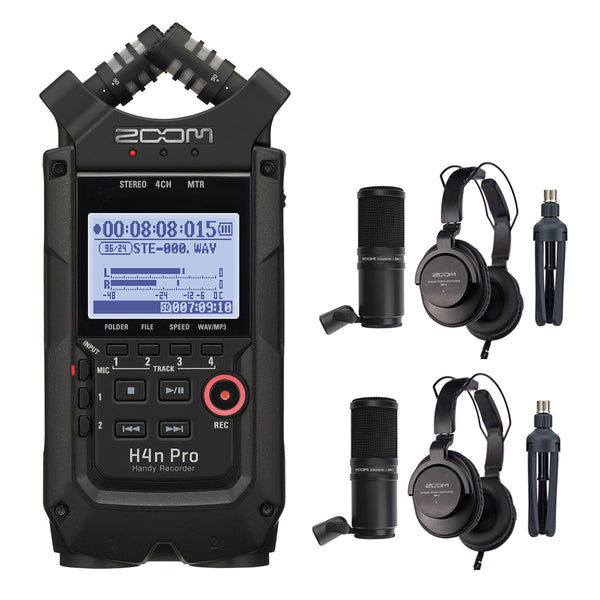 Zoom H4n Pro All Black 4-Track Portable Recorder in Black (2020 Version) Bundle with 2x Zoom ZDM-1 Podcast Mic Pack