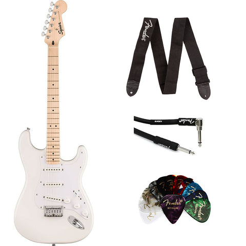 Squire Sonic Stratocaster HT Electric Guitar, Arctic White, Maple Fingerboard, White Pickguard Bundle with Fender Logo Guitar Strap, Instrument Cable 10' and Celluloid Guitar Picks 351 Shape